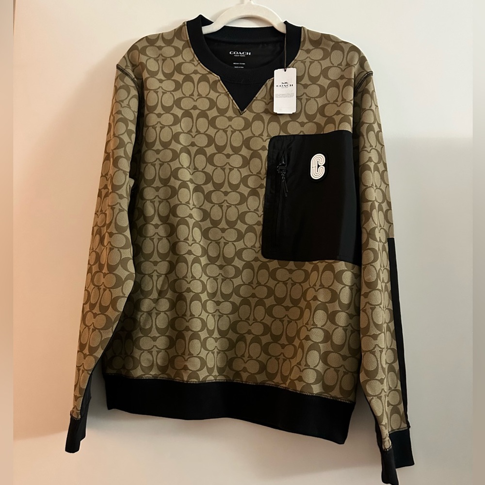 Brand New Men’s Coach Signature Crewneck Khaki Black Sweatshirt Size Medium